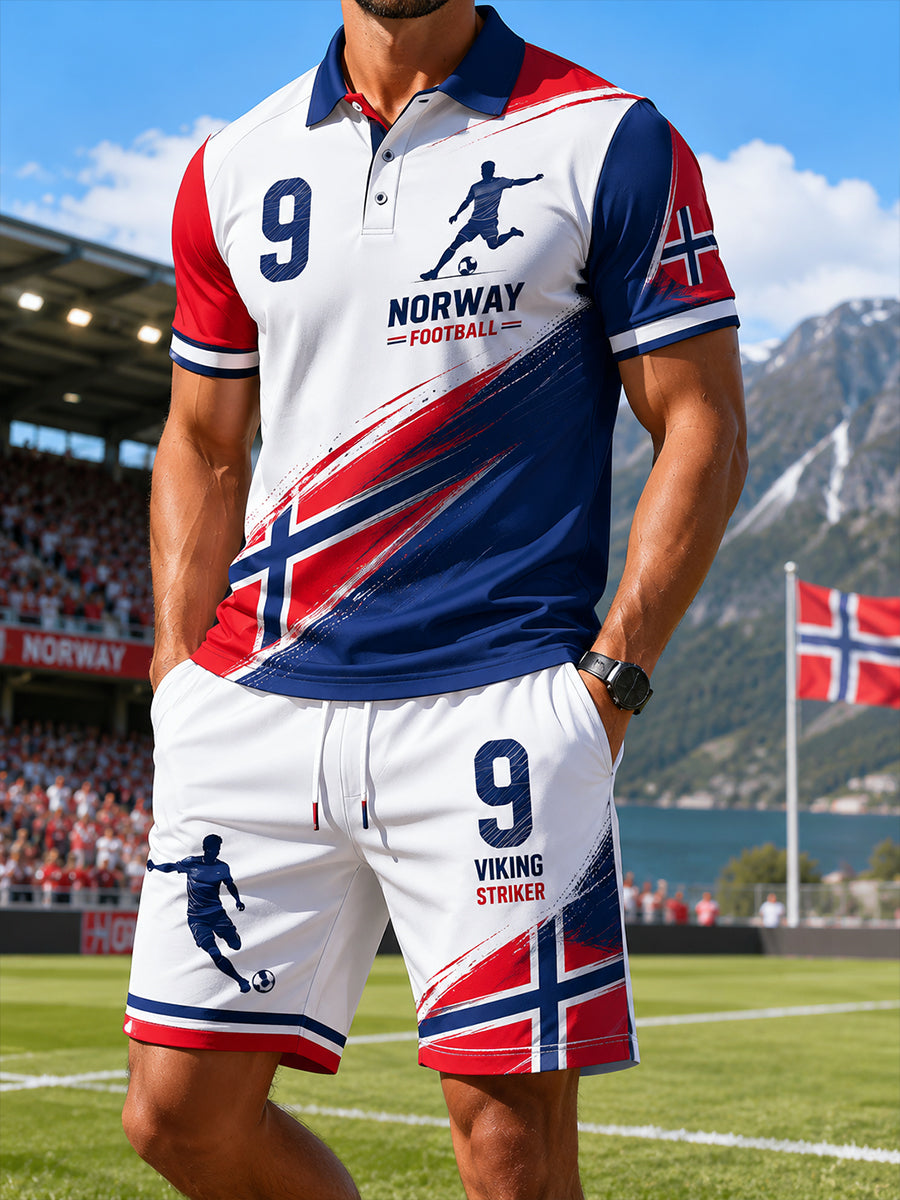 Mäns kortärm Polo tröja och Shorts Set med fotboll-tema tryckt