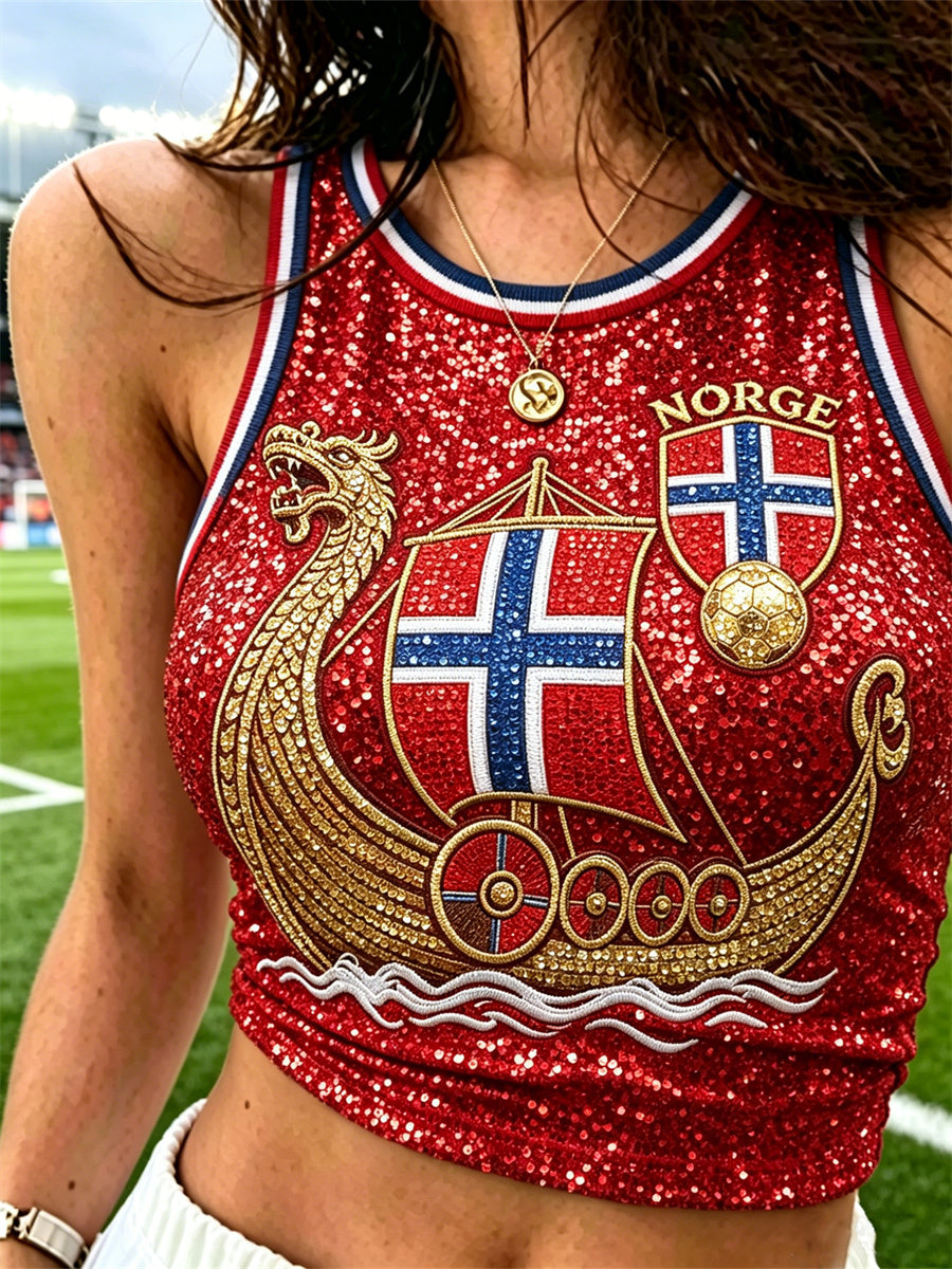 Kvinnors fotboll Vikingskepp Flag inspirerad Glitter Skriv ut Beskärda Tank Topp