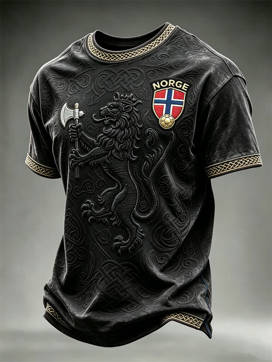 Herrtröja i Norge-tema med fotboll, lejon, vikingar och keltiskt knutmönster, kortärmad