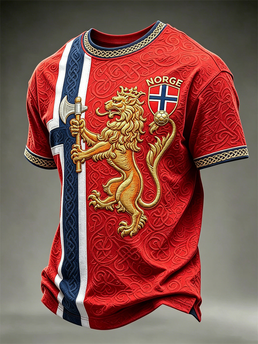 Herrtröja i fotbollsstil från Norge med lejon, vikingar och keltiskt knutmönster – kortärmad t-shirt med tryck