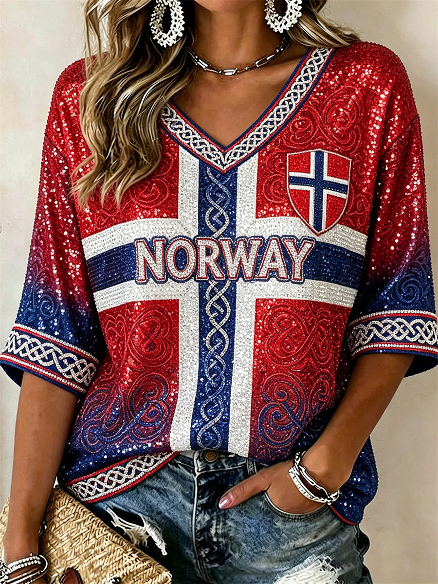 Kvinnors fotboll Viking Keltisk knop Flag Gradient Glitter Skriv ut mitt längd ärmar V-hals T-shirt