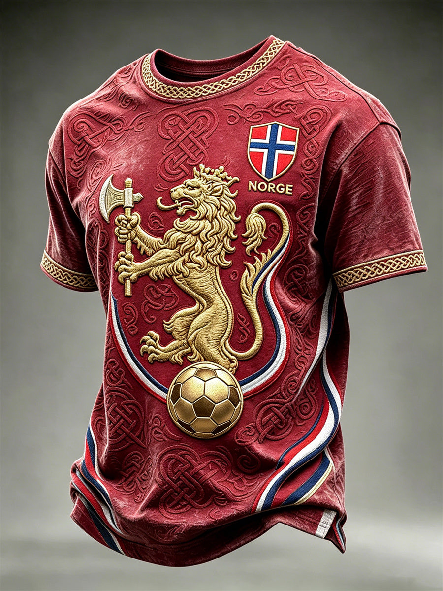Herrtröja i Norge-tema med fotboll, lejon, vikingar och keltiskt knutmönster, kortärmad