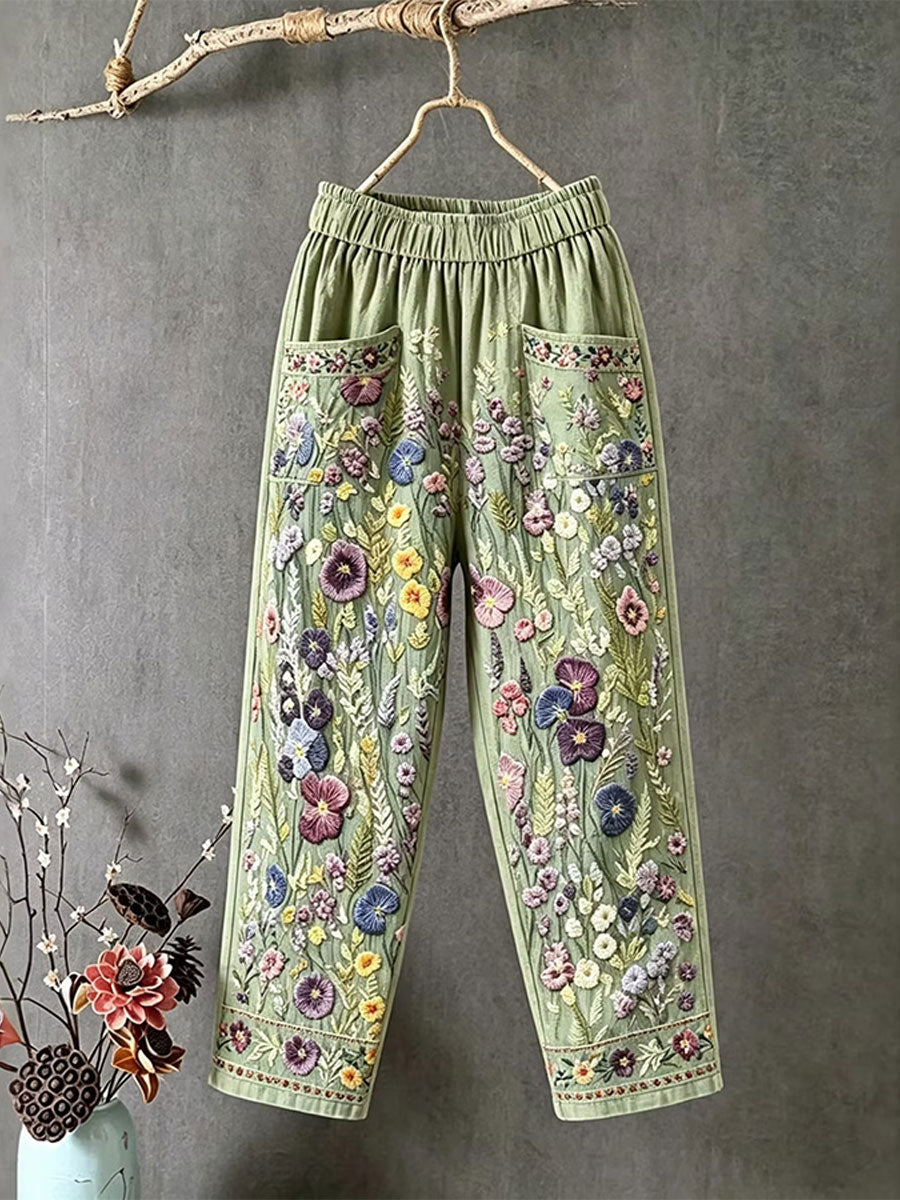 Kvinnors eleganta blommiga bomull Lin byxor