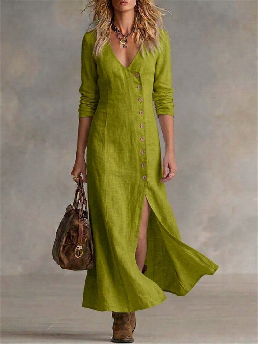 Kvinnors Vintage Klassig sidoknappar Slit botten Flowy Maxi klänning