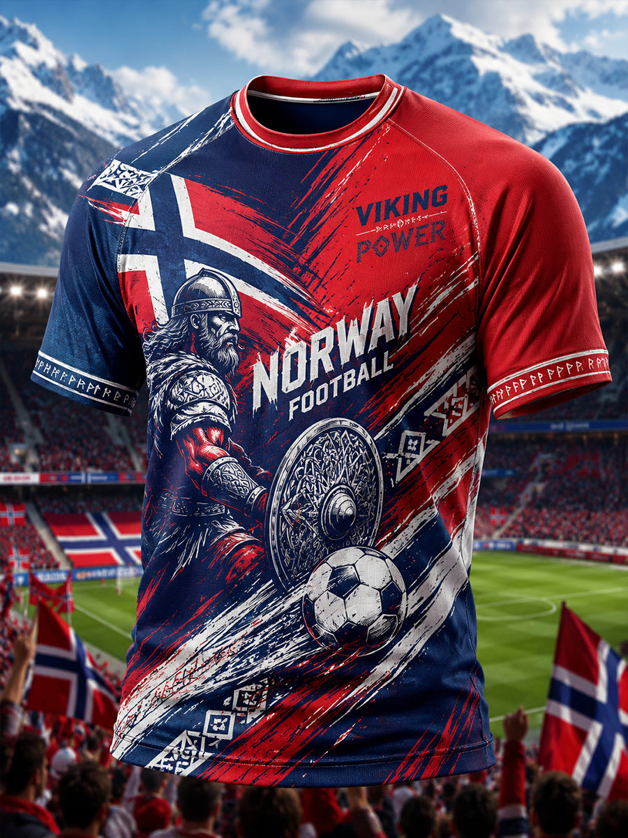 Herrtröja med vikinga- och fotbollsmotiv, raglanmudd och korta ärmar