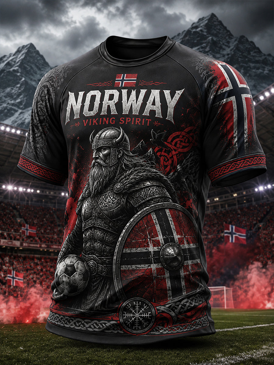 Herrtröja med vikinga- och fotbollsmotiv, raglanmudd och korta ärmar