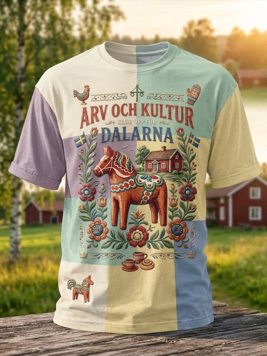 Mäns Vintage Traditionella Svenska Dala Häst Tryckt T-shirt