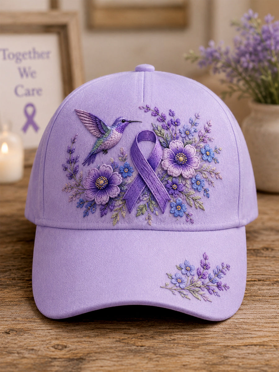 Unisex-luvslur med lila blom- och kolibriprint – stödhatt för medvetenhet om alzheimers sjukdom