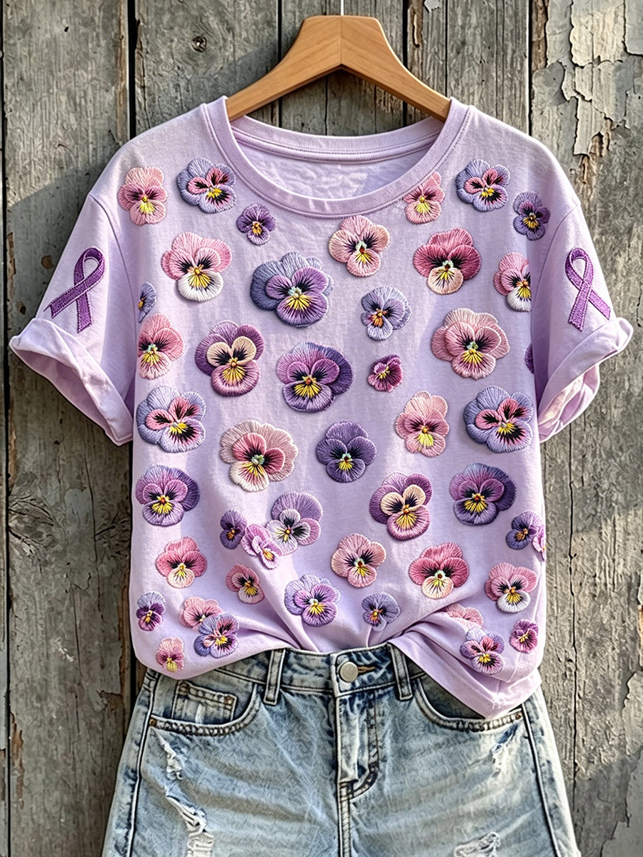 Kvinnors lila medvetenhet Pansies Skriv ut rund hals kort ärm T-shirta
