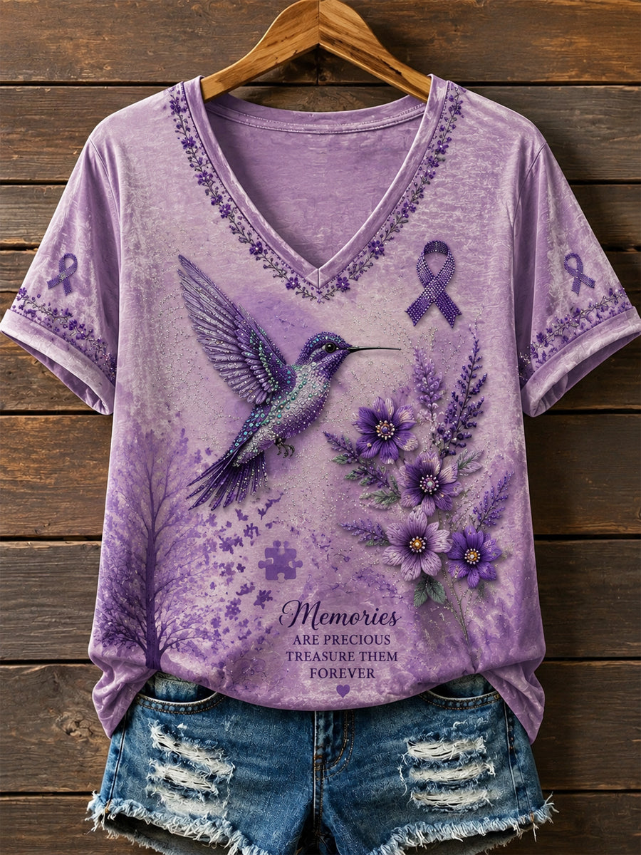 Retro Alzheimers Hummingbird Floral Casual V-Hack T-shirt