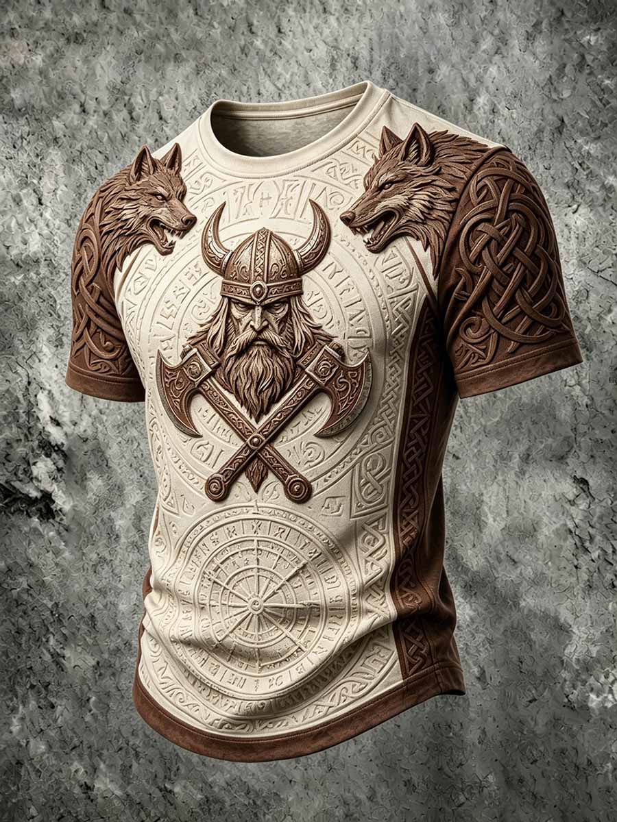 Mans retro vikingkrigarmönstrad ledig t-shirt