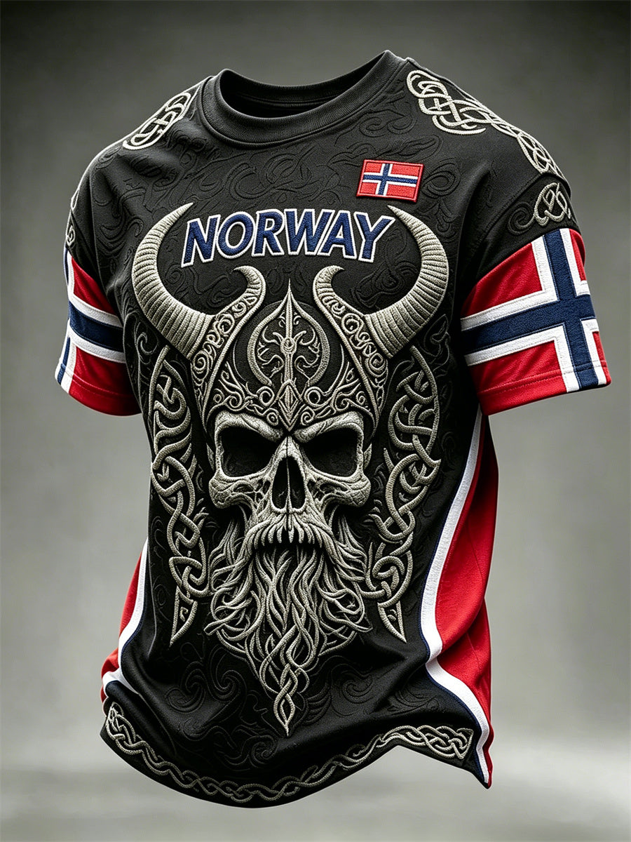 Herrligan Norge vikingkrigare dödskalle keltiskt knutmönster flaggmönstrad t-shirt med korta ärmar