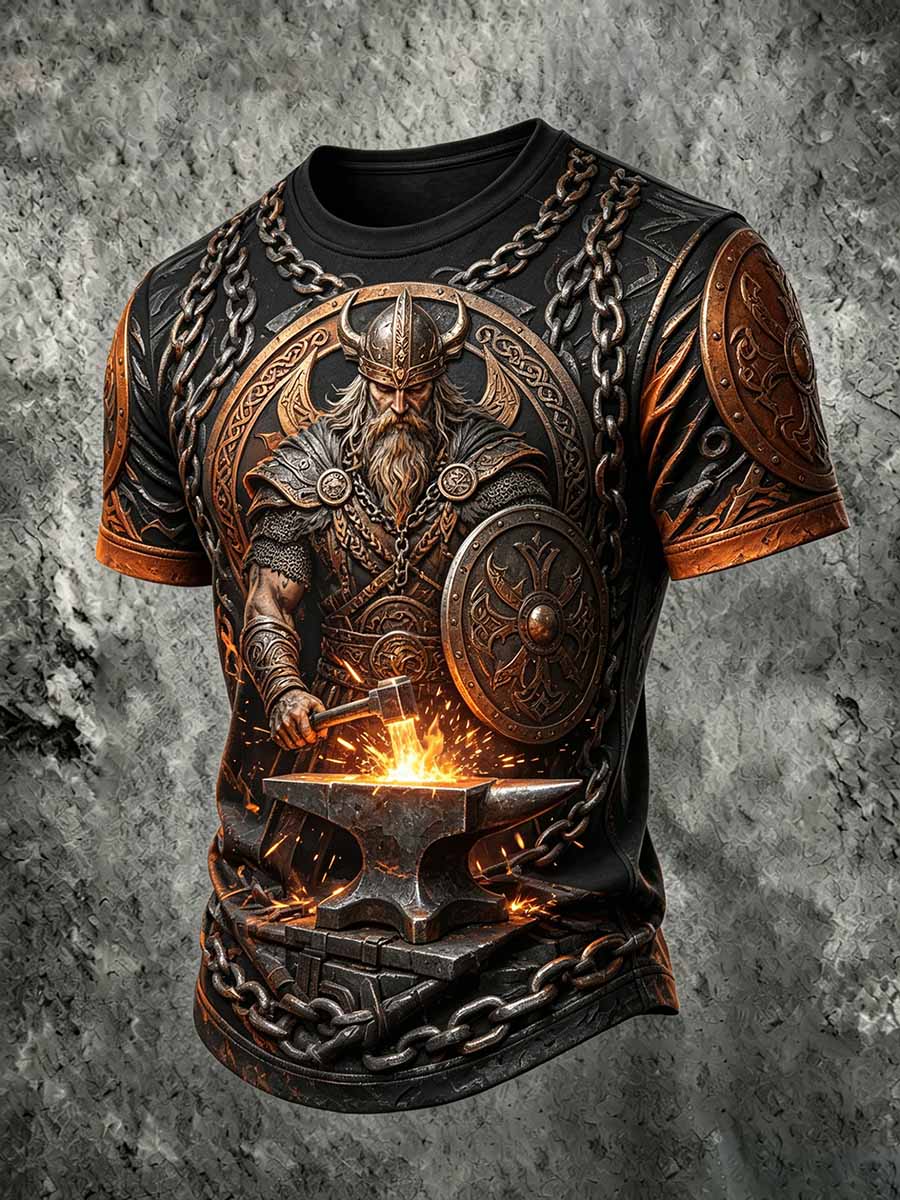 Mans retro vikingkrigarmönstrad ledig t-shirt