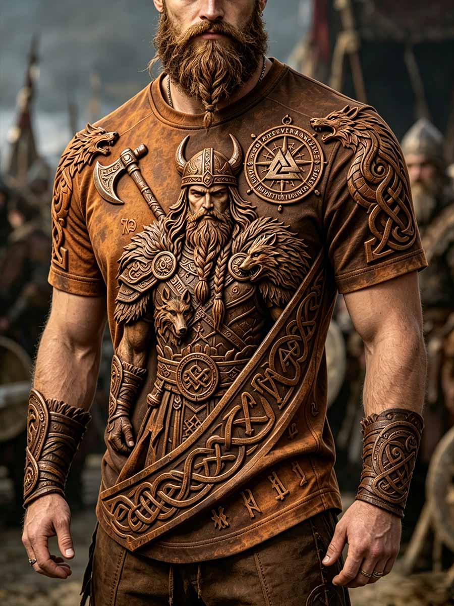 Mans retro vikingkrigarmönstrad ledig t-shirt