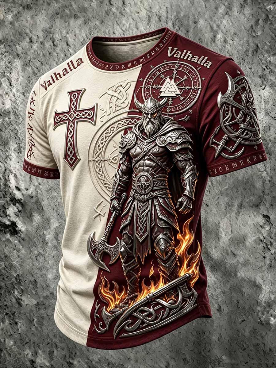 Mans retro vikingkrigarmönstrad ledig t-shirt