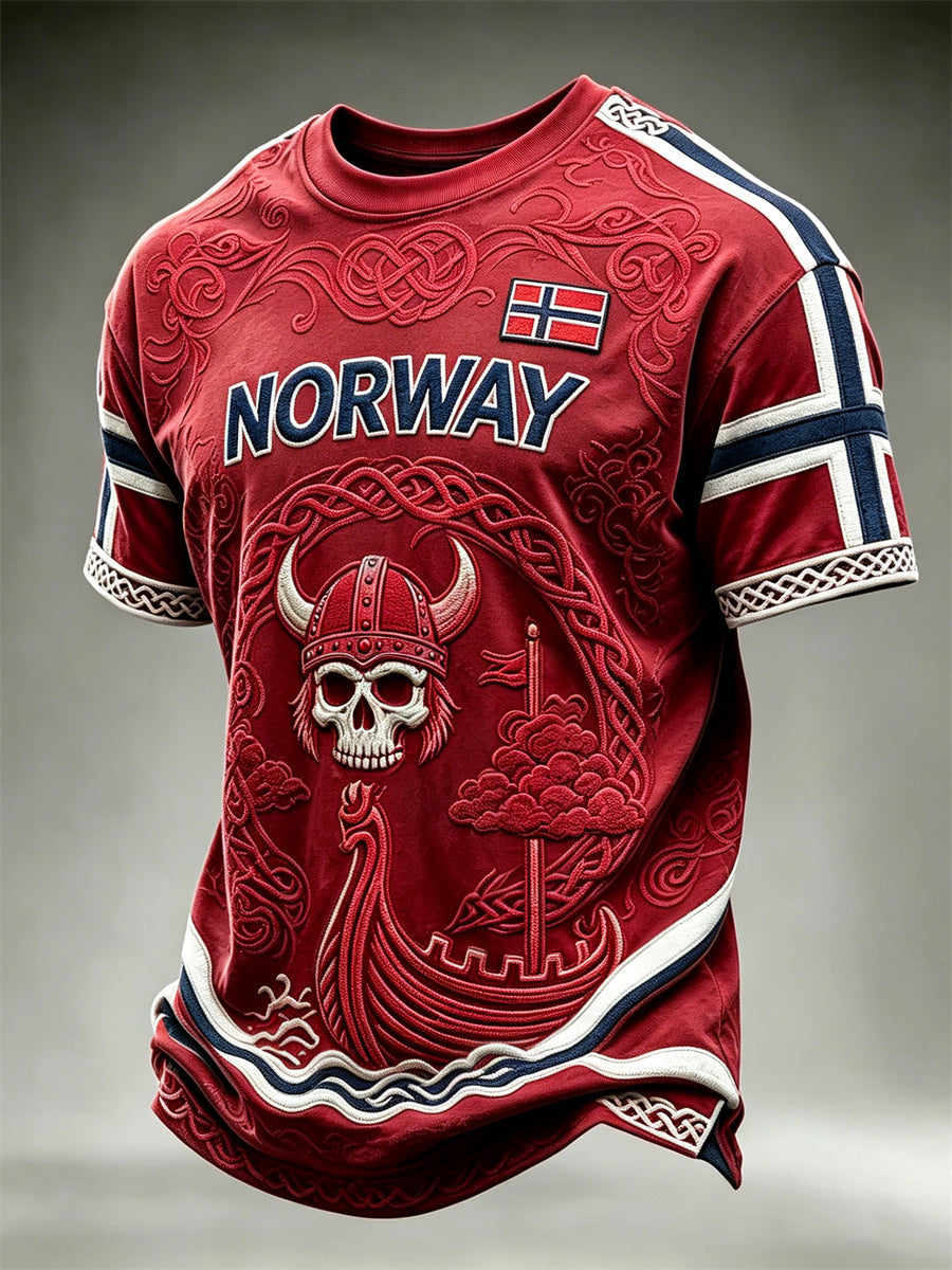Herrtröja från Norge med vikingkrigare, dödskalle och skepp, keltiskt knutmönster samt flagga – kortärmad t-shirt