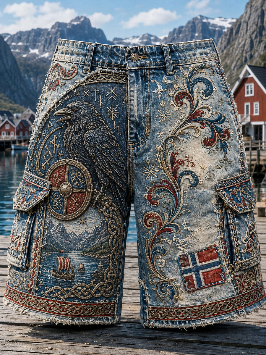 Ledsna shorts med vintage norsk viking- och skandinavisk folkkonsttryck