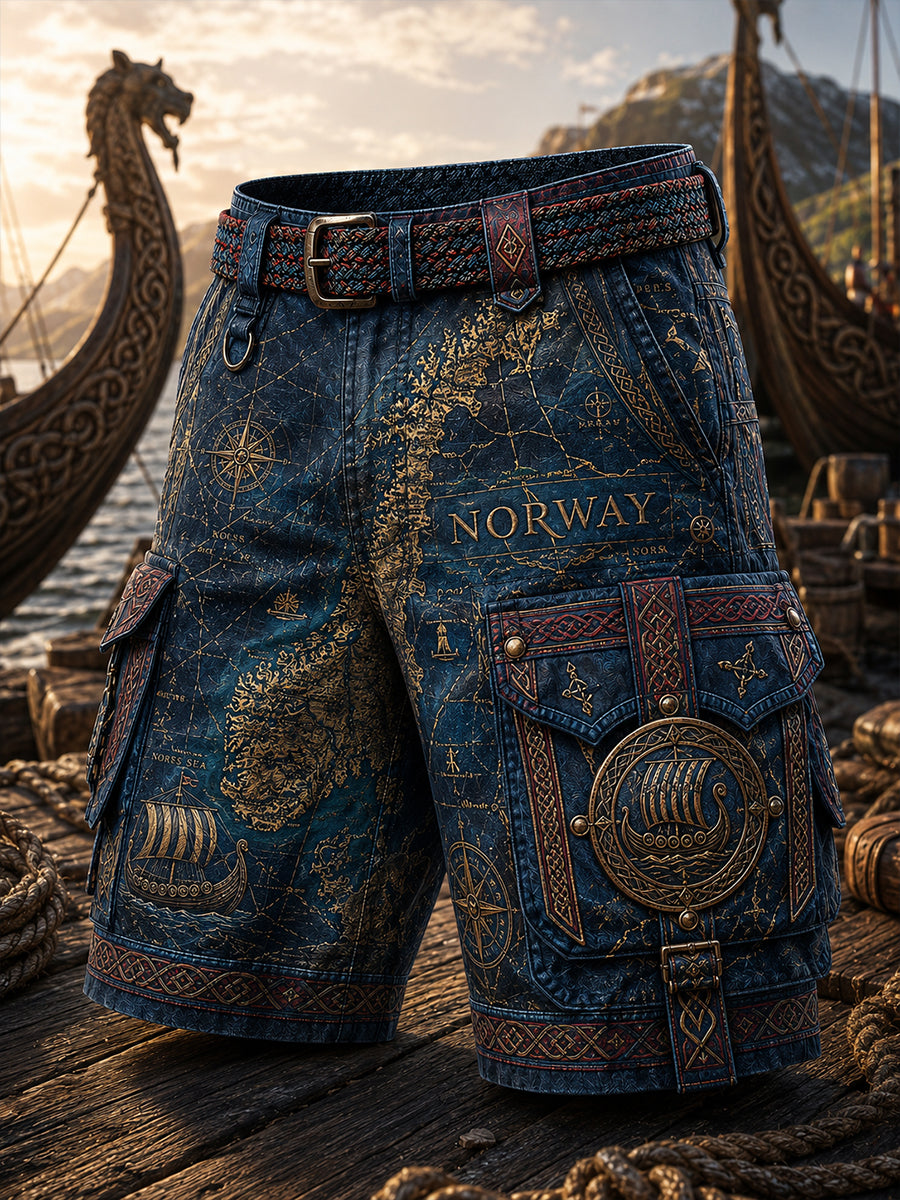 Ledsna shorts med vintage norsk viking- och skandinavisk folkkonsttryck
