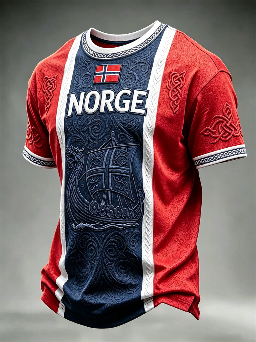 Mäns Norge Viking Ship Celtic Knop Flag Färgblock Skriv ut kort ärm t-shirt