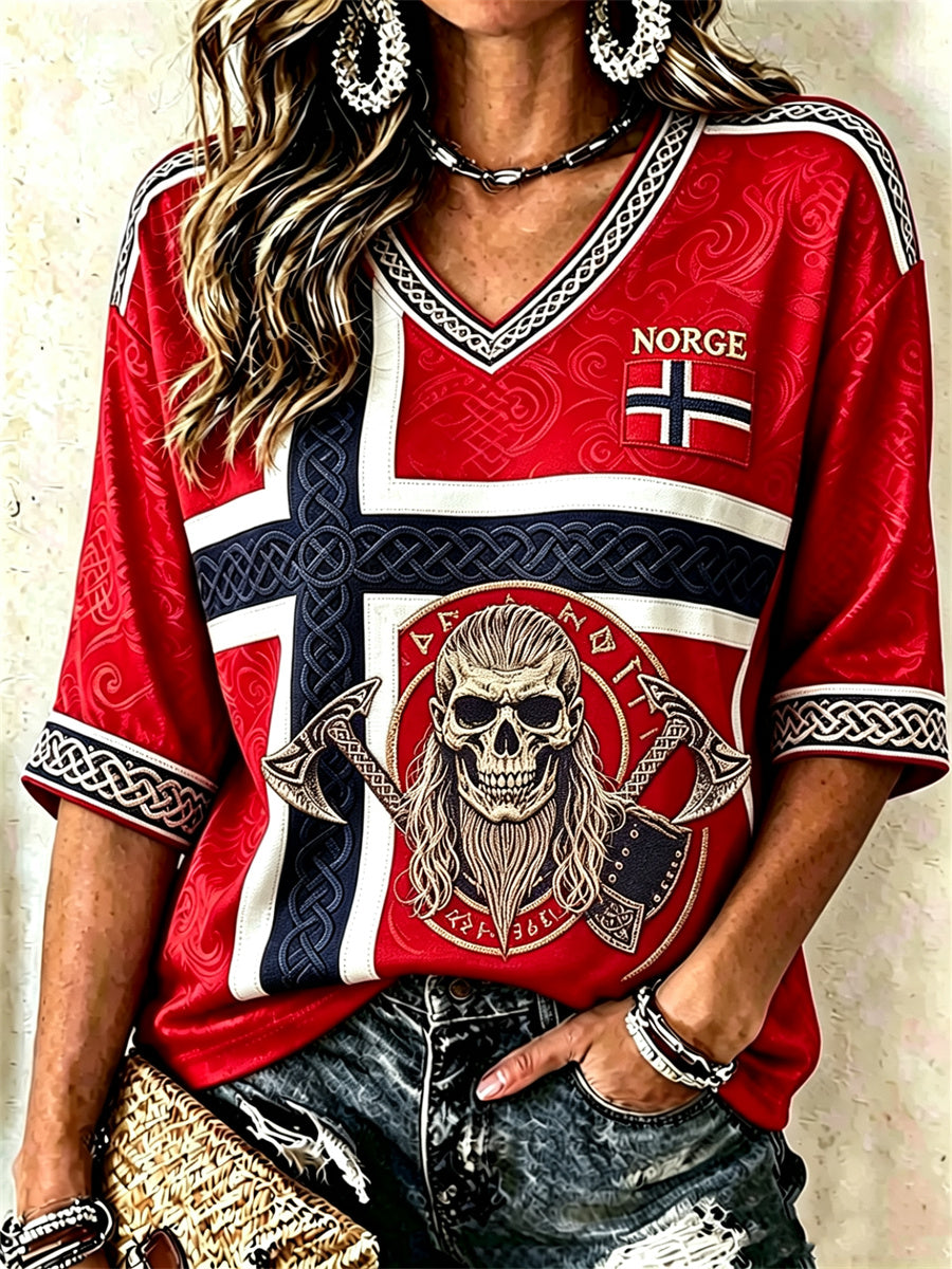 Kvinnors Viking Skull Keltisk knop Flag Skriv ut med längd ärmar V-hals T-shirt