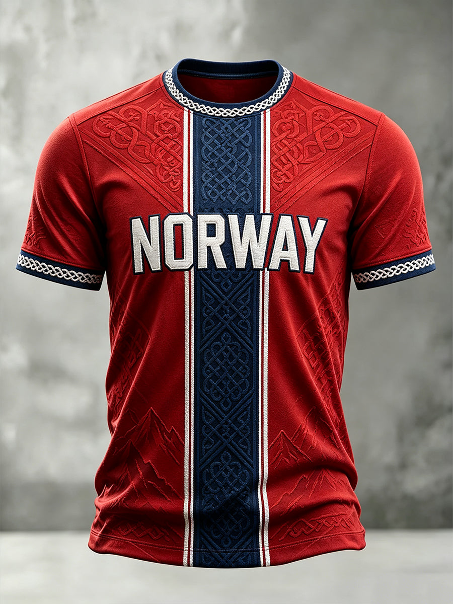 Herrtröja med norsk vikingainspirerat mönster och keltiskt tryck, korta ärmar