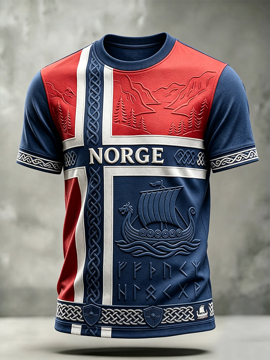 Mäns Viking Inspirerad konst Celtic Norge Flag Skriv ut korta ärmar T-shirt