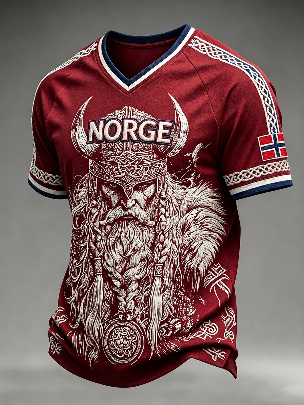 Herrtröja med retroinspirerat norsk vikingmönster och V-ringning