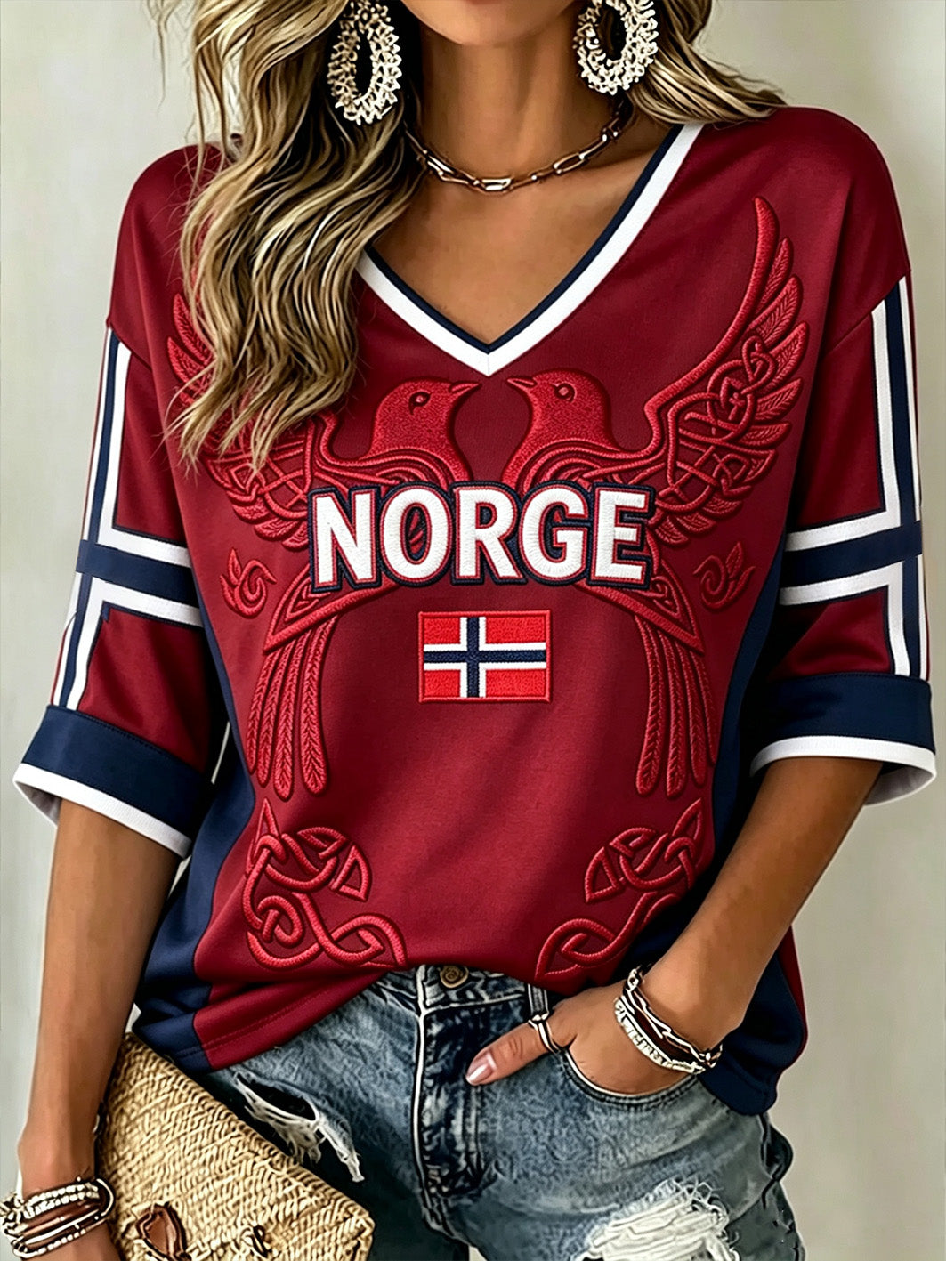 Kvinnors Retro Norska Viking mönster tryckt med längd ärmar V-hals T-shirt