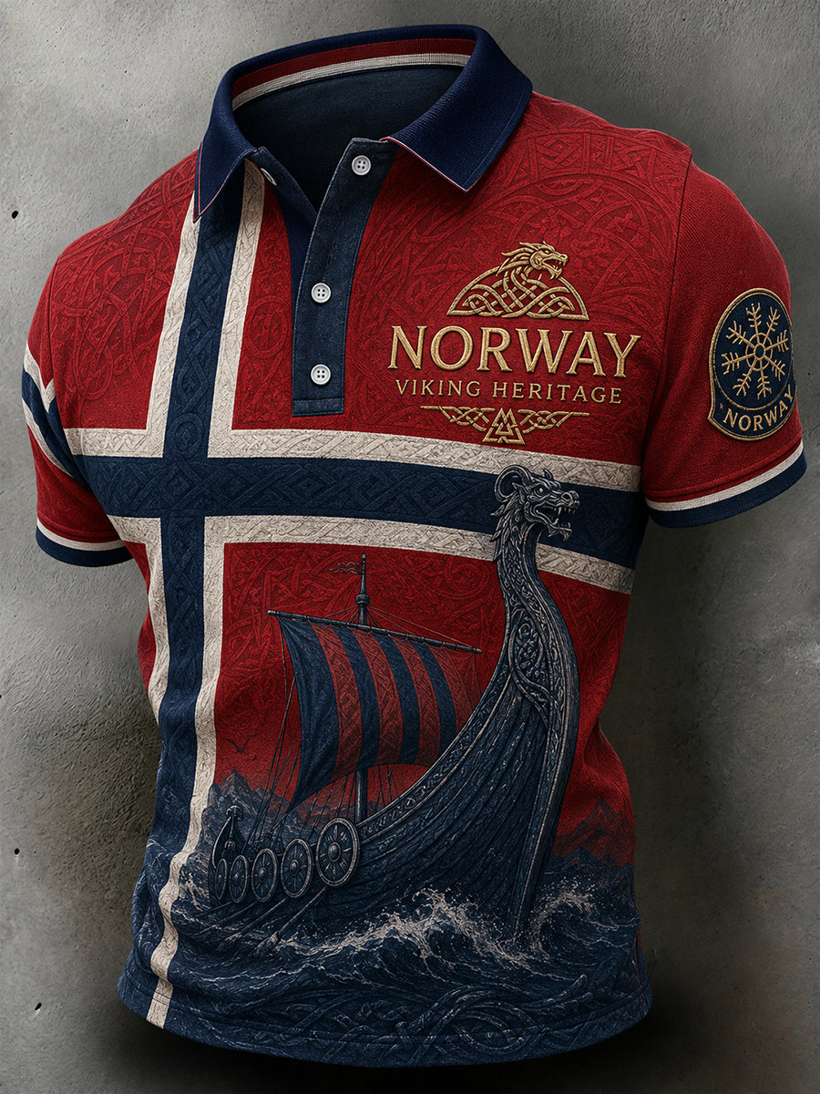 Retro nordiskt polotröja i vikingastil med grafisk design, avslappnad stil
