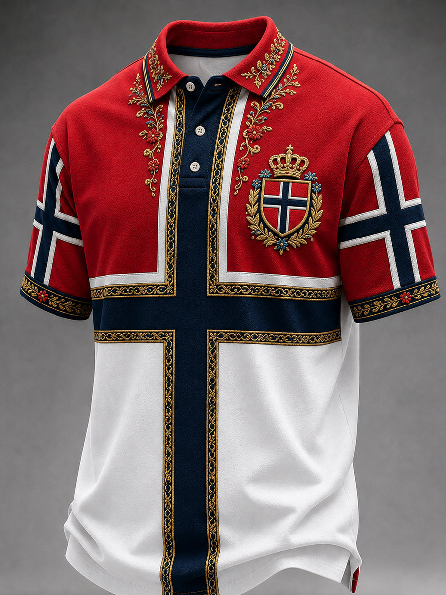 Retro nordiskt polotröja i vikingastil med grafisk design, avslappnad stil