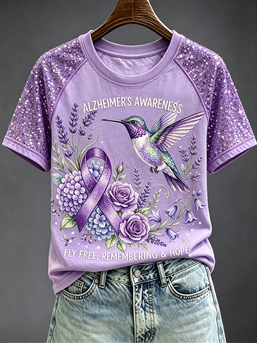 Damer Lila bandet medvetenhetstryck rundhalsad kortärmad t-shirt