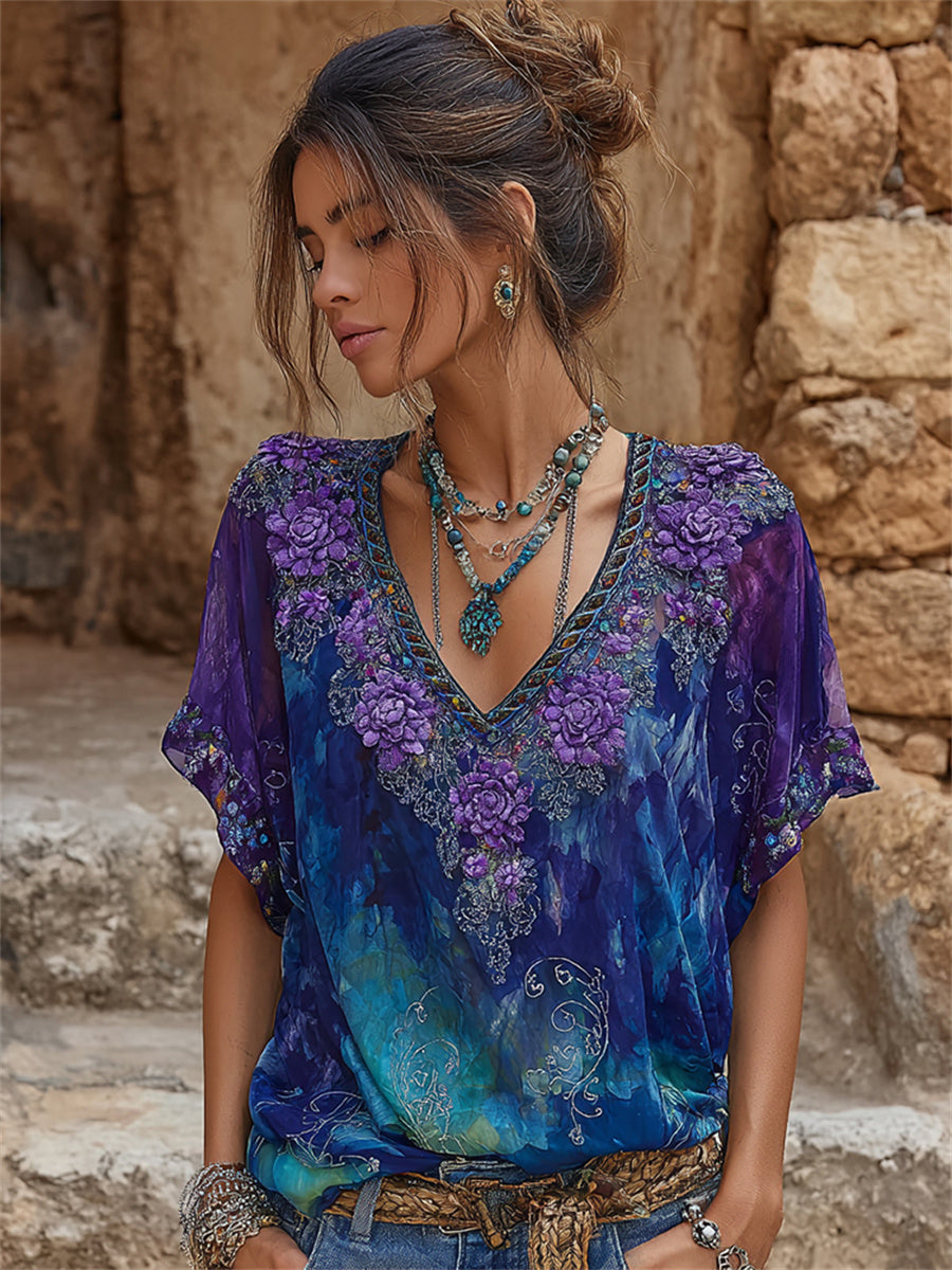 Kvinnors Classy Purple Floral Skriv ut Gradient linne kortärmad T-shirt