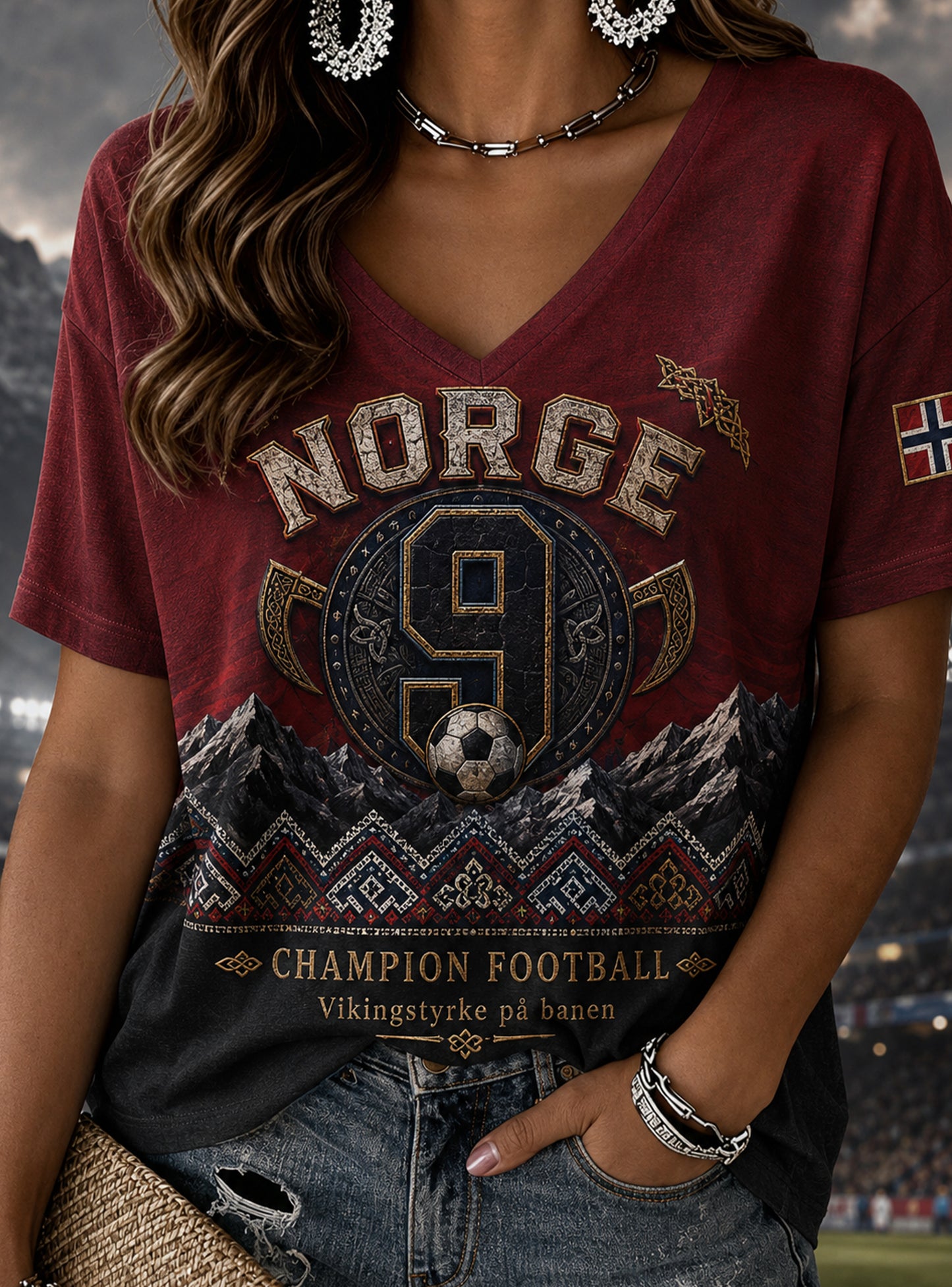 Damtröja med norsk vikingtemad konsttryck
