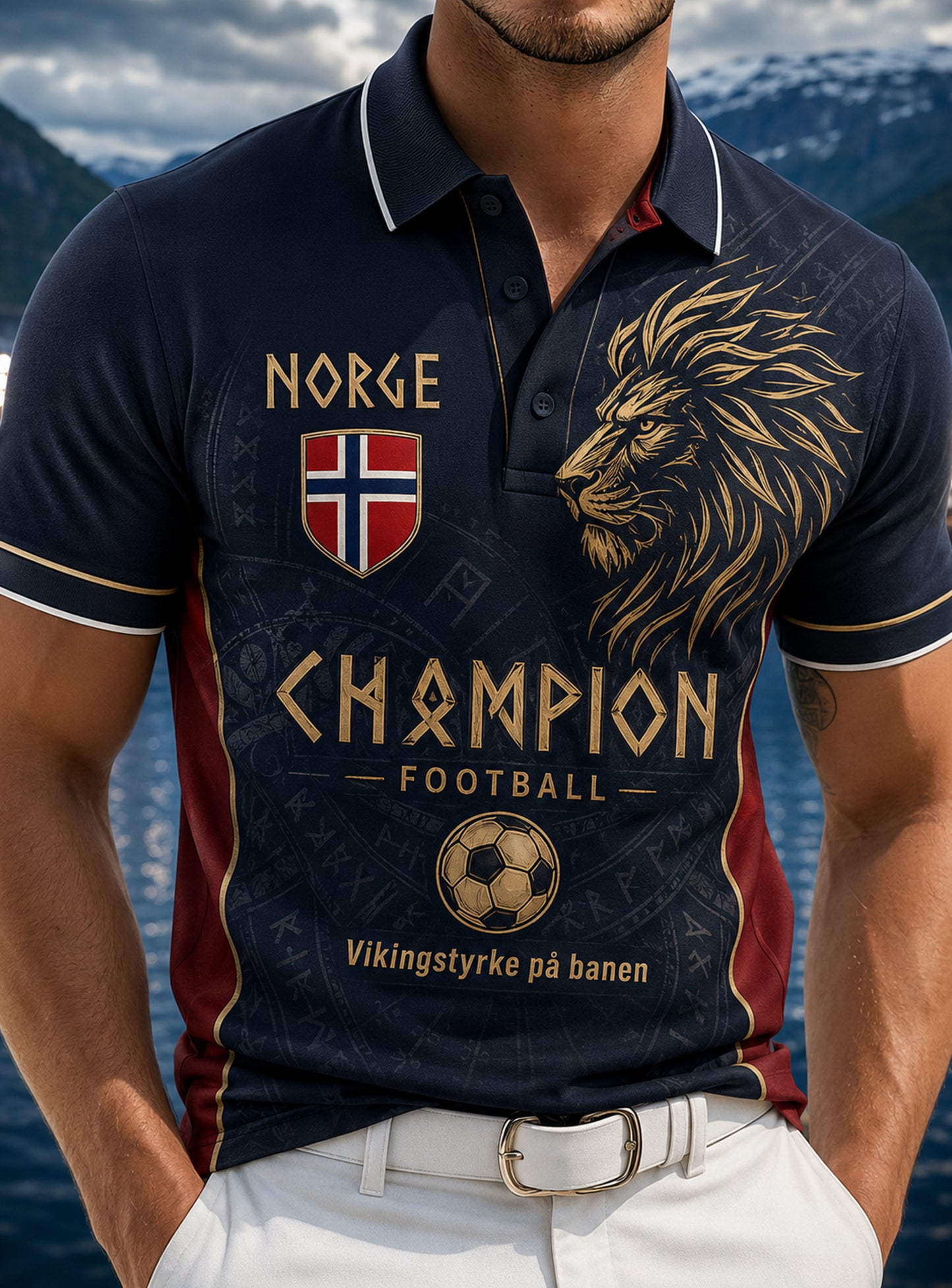 Herrpolotröja med norsk vikinginspirerad konstprint