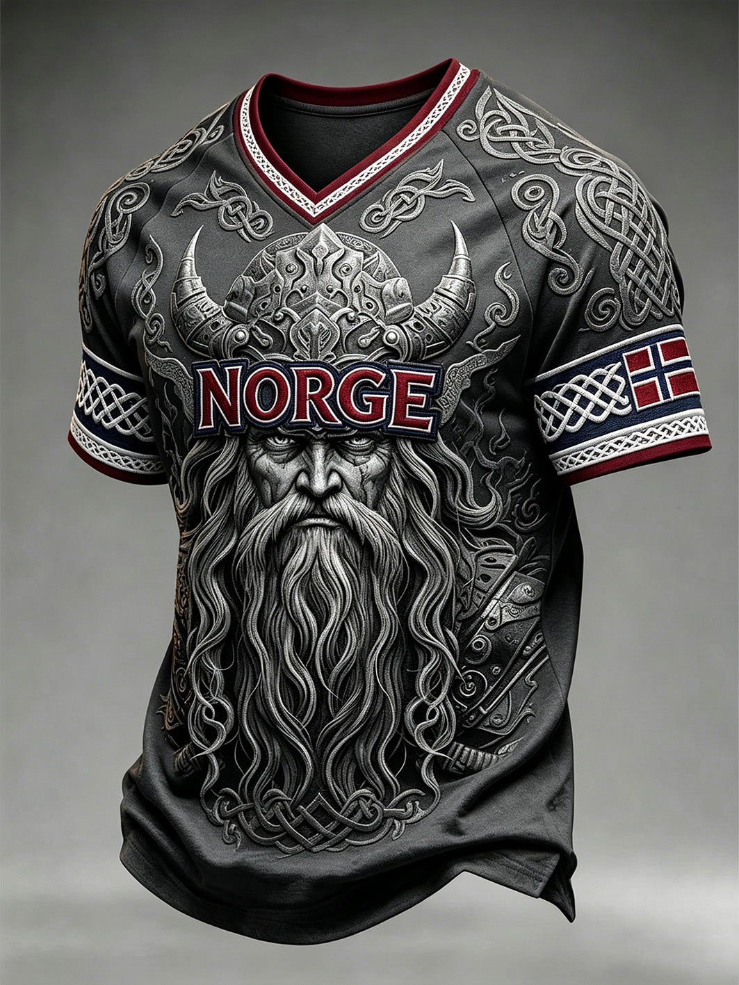 Herrtröja med retroinspirerat norsk vikingmönster och V-ringning