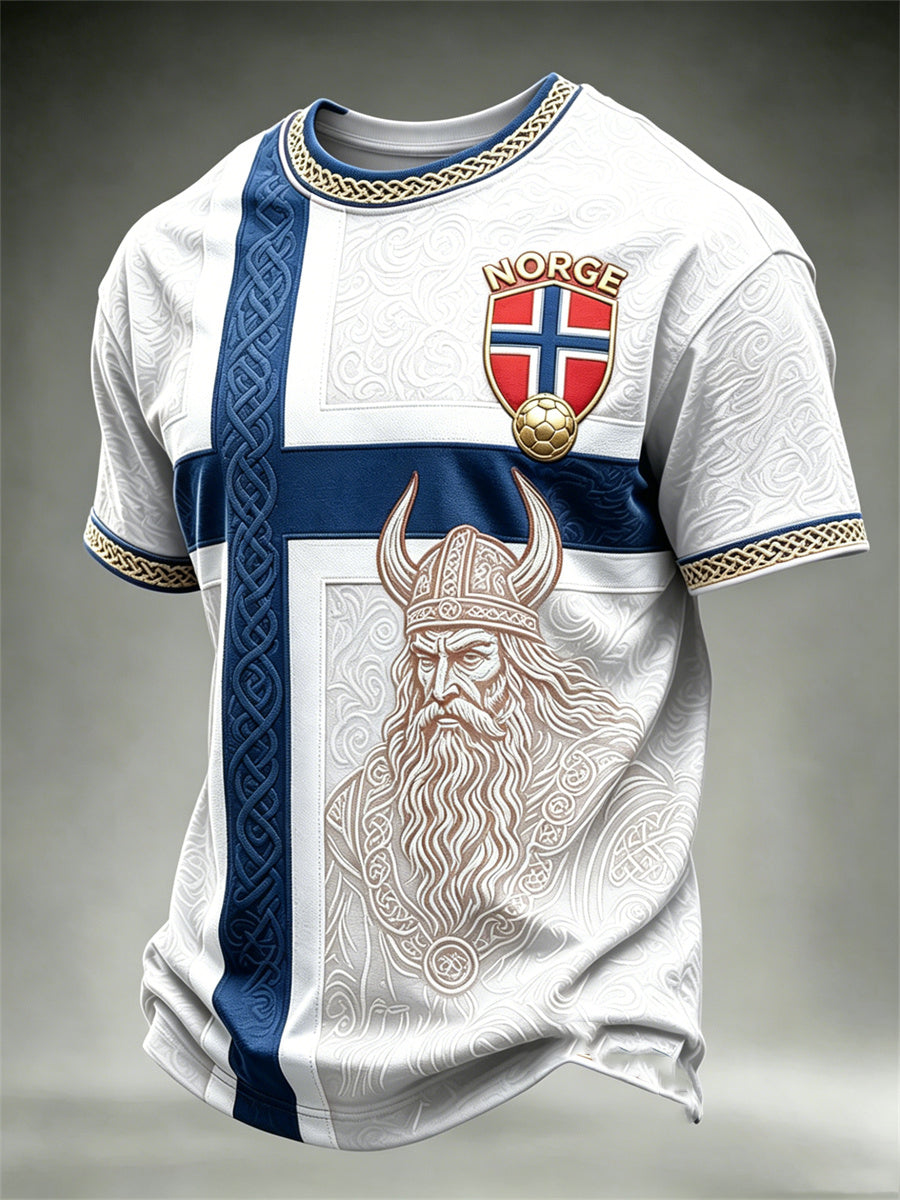 Herrtröja med fotbollsmotiv från Norge, vikingakrigare och keltiskt knutmotiv, flagg- och färgblocktryck samt korta ärmar