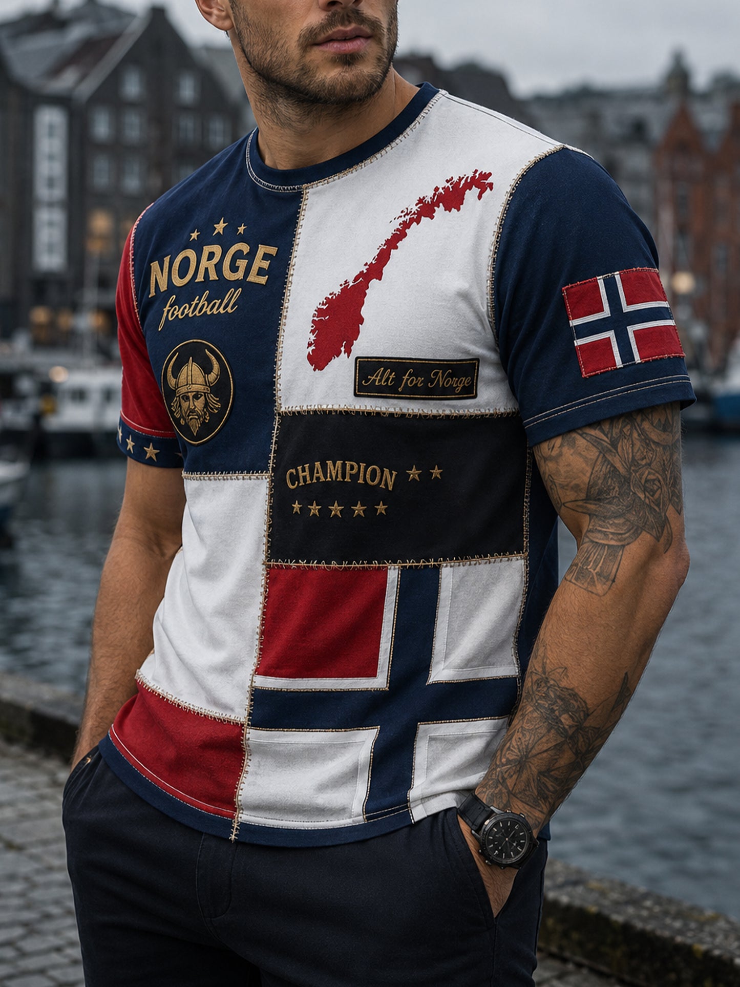 Herrtröja med norsk vikingtematisk patriotisk kulturkonsttryck