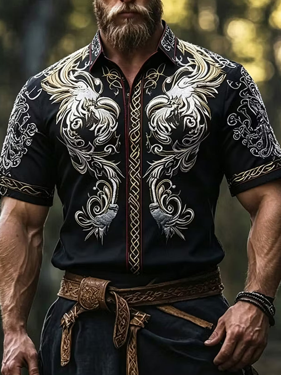 Retro viking-/nordiskstil konsttryck avslappnad skjorta