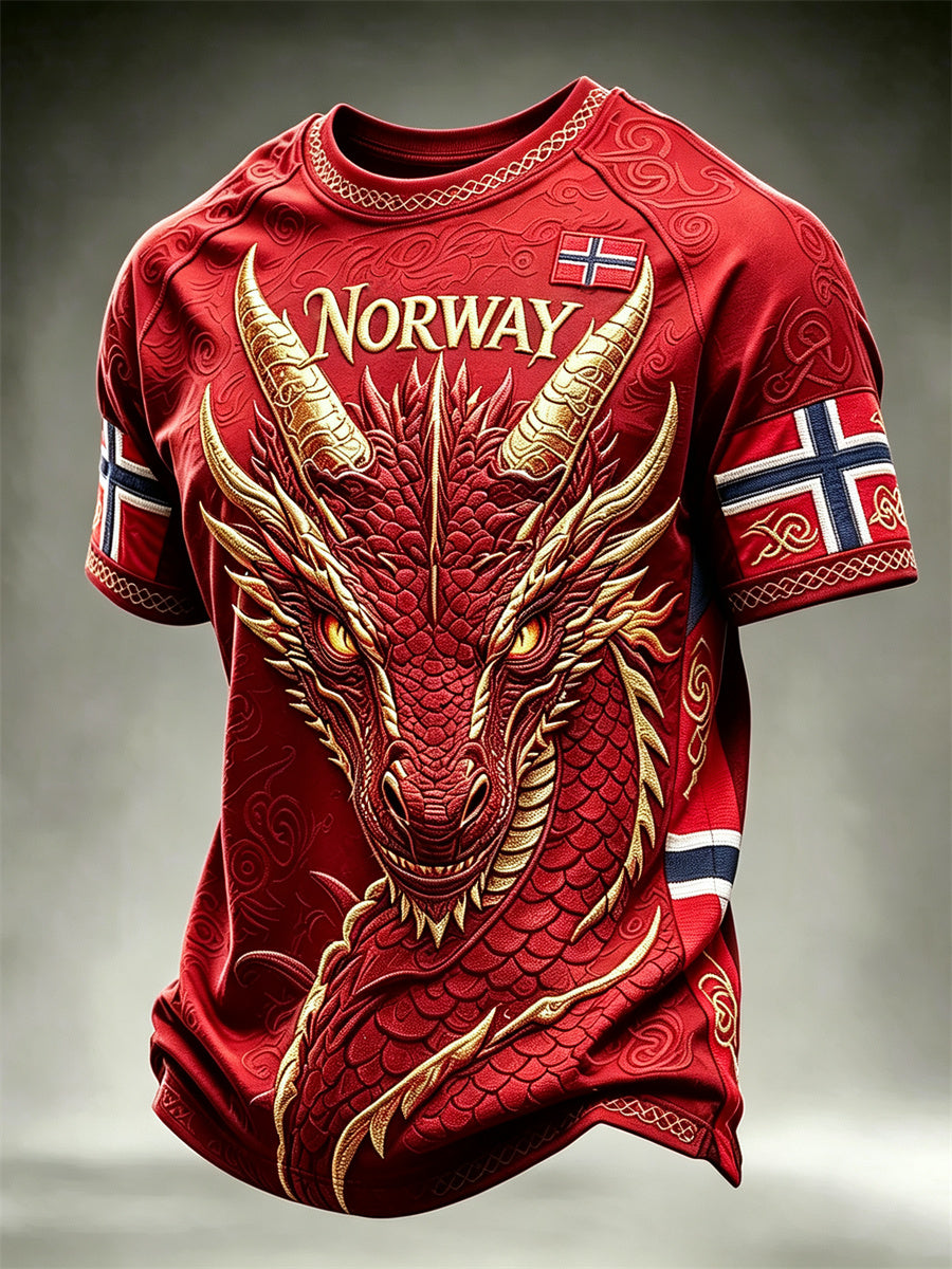 Herrtröja från Norge med tryck av vikingar, drake och keltiskt knutmotiv, korta ärmarna