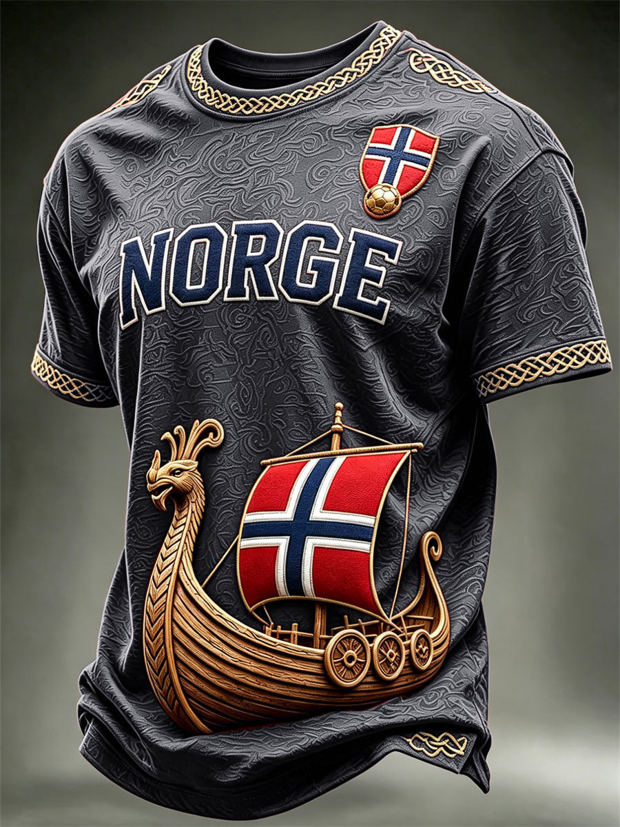 Herrtröja med konsttryck av Norges vikingaskepp, Norge och fotbollslagets flagga, kortärmad t-shirt