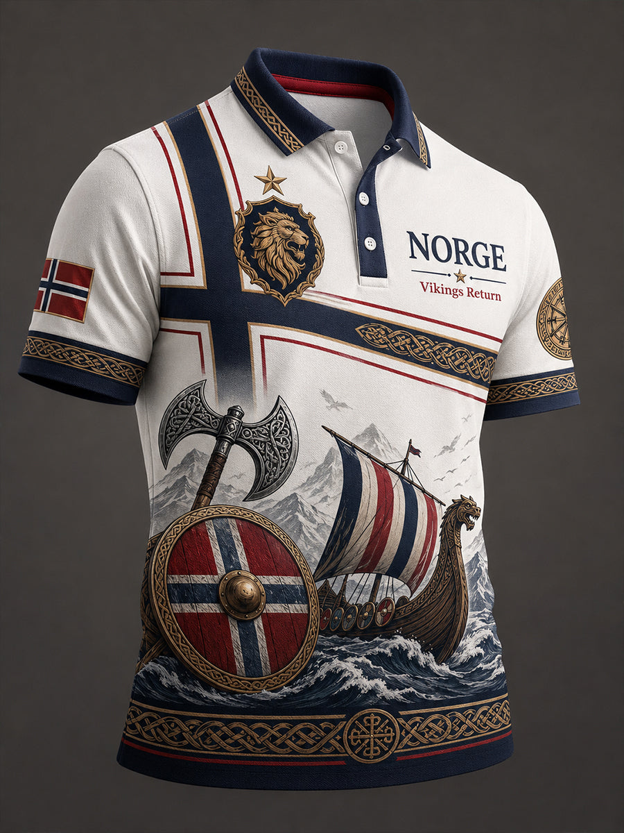 Mansligt norsk vikingtematiskt patriotiskt konsttryckt polotröja