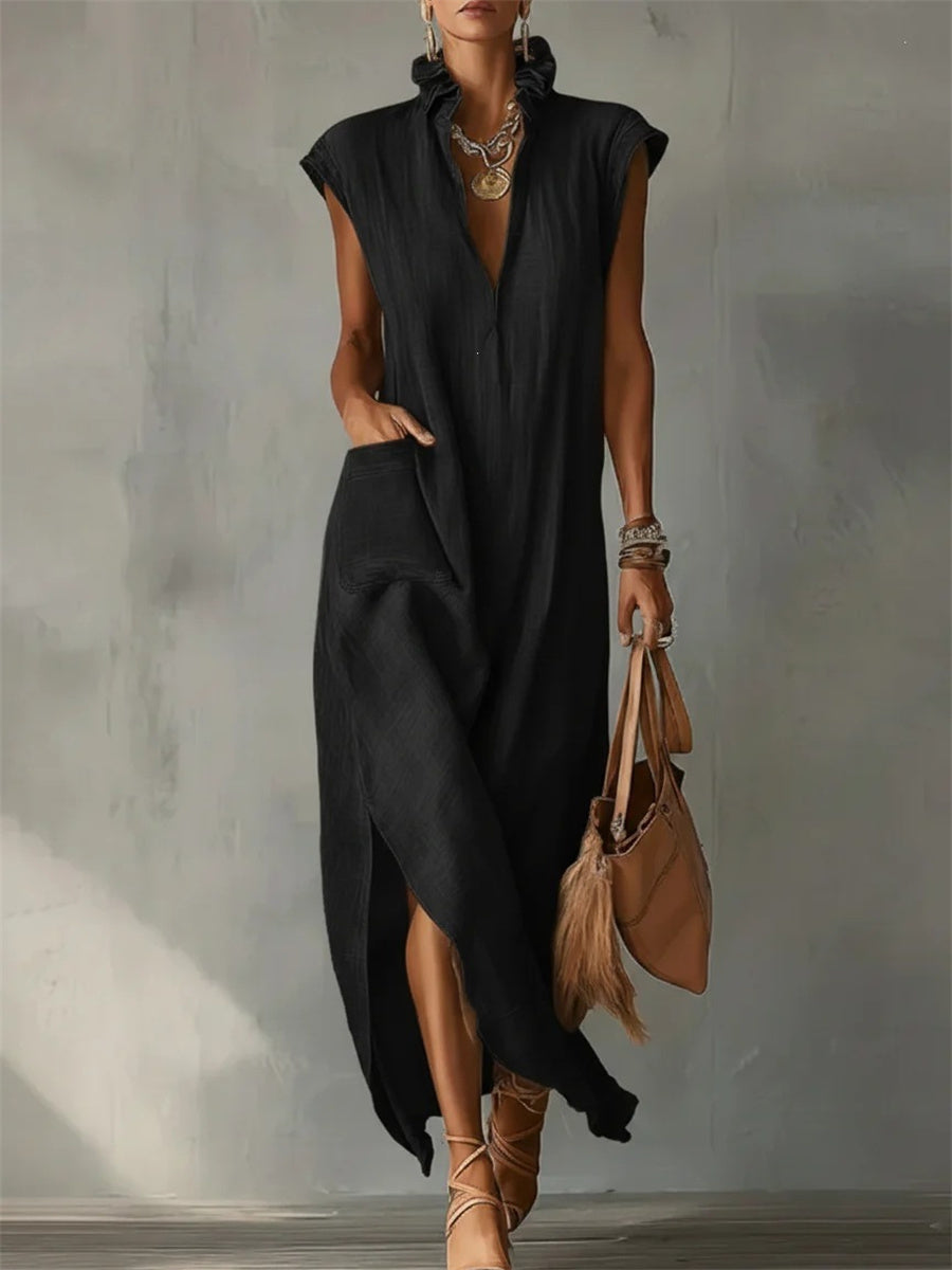 Kvinnor Patch Pocket Ruffle V hals sida slit Maxi klänning