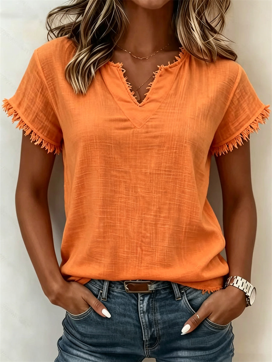 Damens Fringe Trim Notch hals linne kortärmade T-shirt