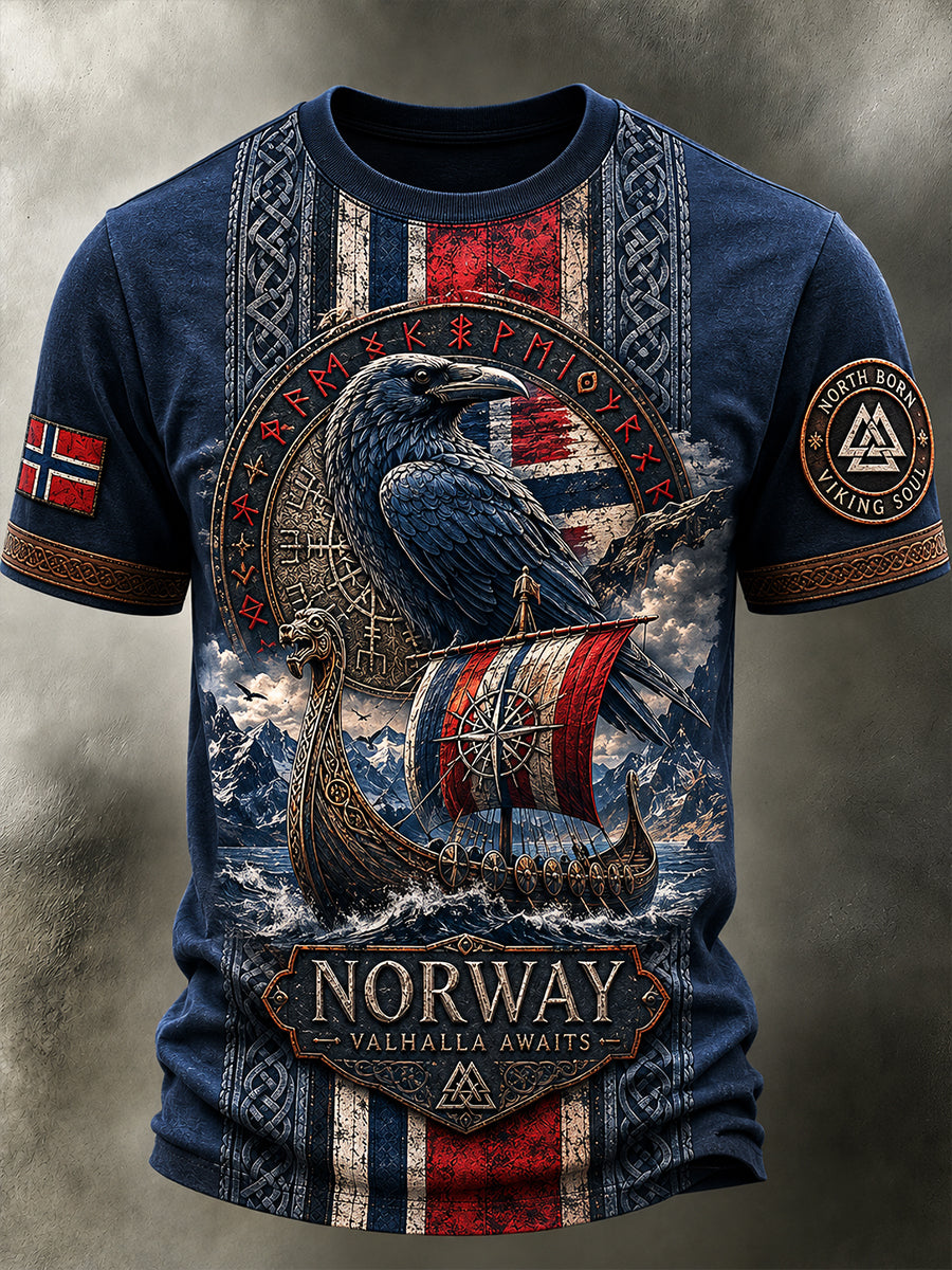 Lättviktig T-shirt med vintageartprint i norsk viking- och skandinavisk/nordisk stil