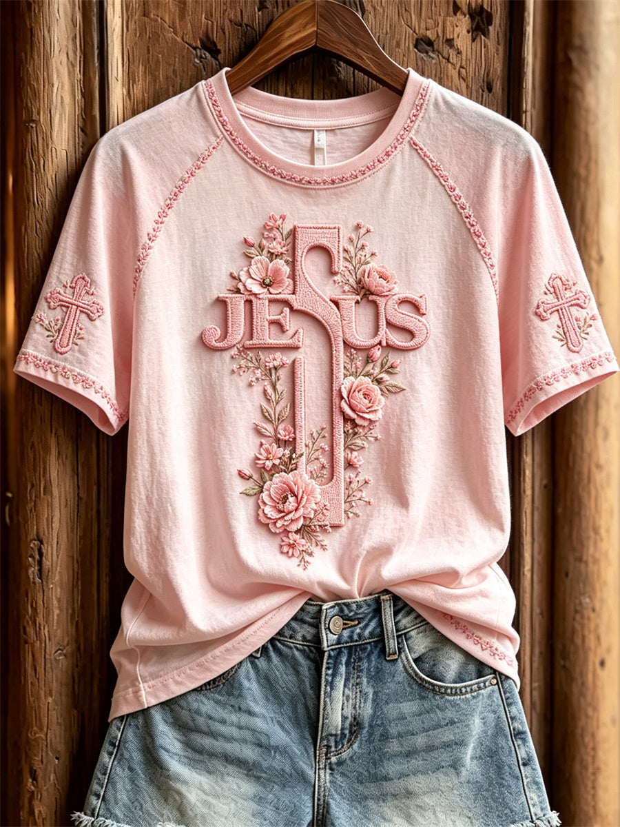 Kvinnors Jesus Cross Pink Floral Print kort ärm T-shirt