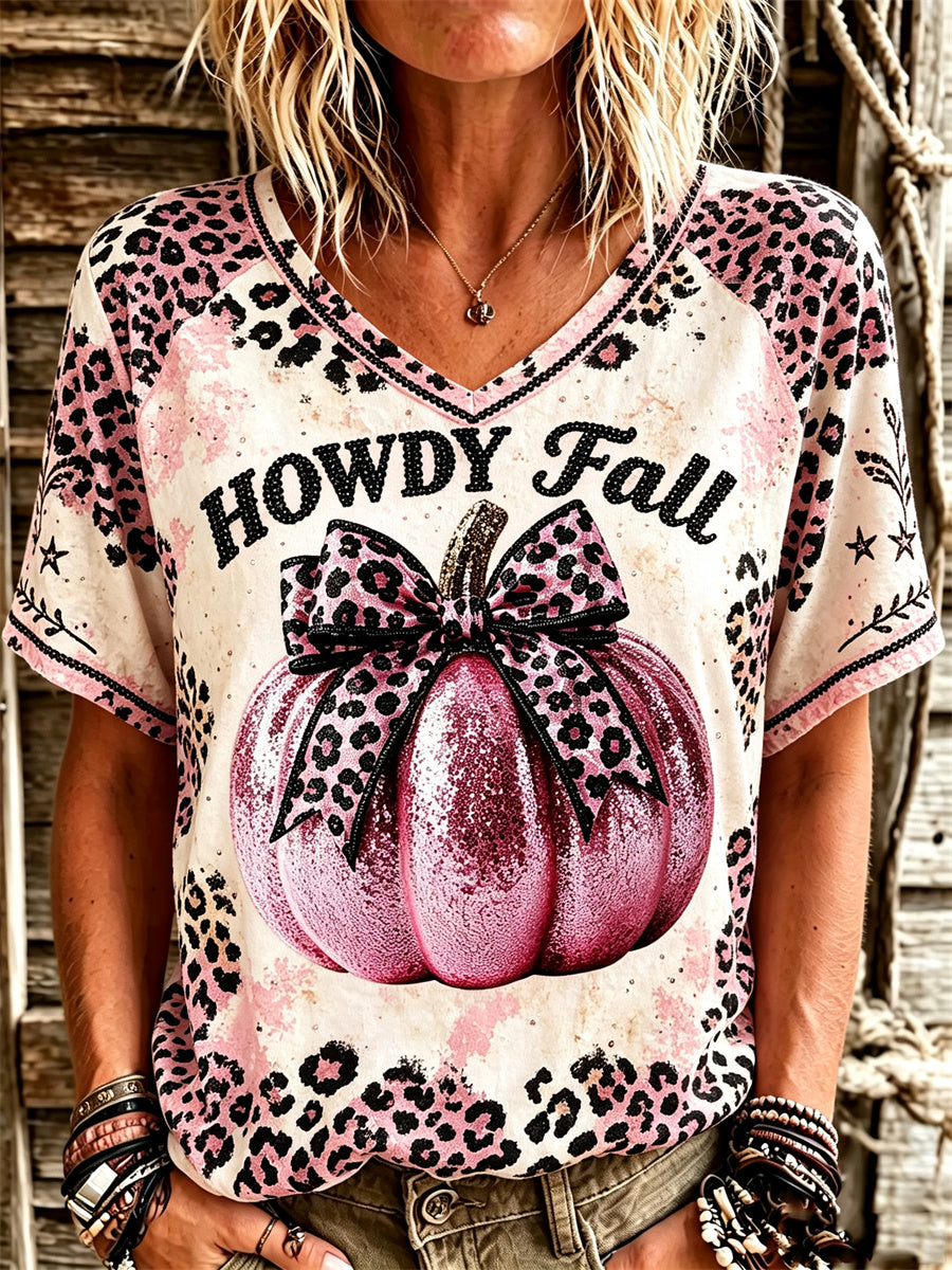 Damens Western Howdy Fall Rosa pumpa Leopard blekt Tryck kortärmad T-shirt