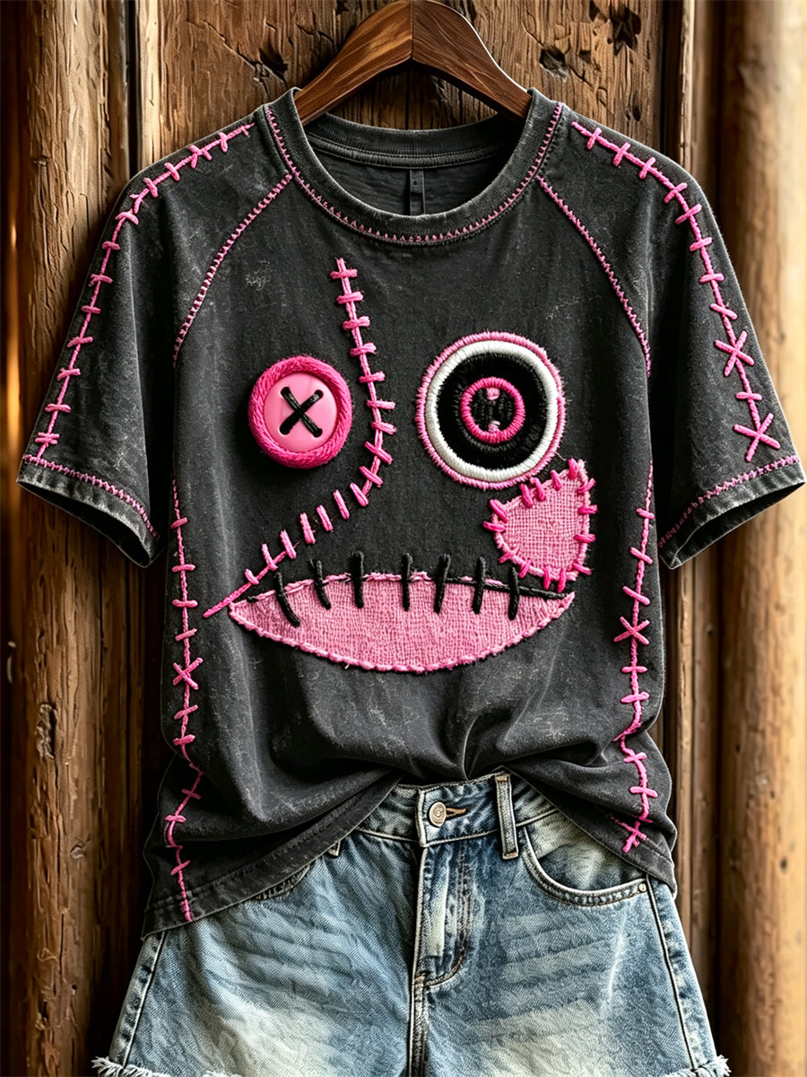 Damer söt monsteransikte rosa sömmar tryck kortärmad t-shirt