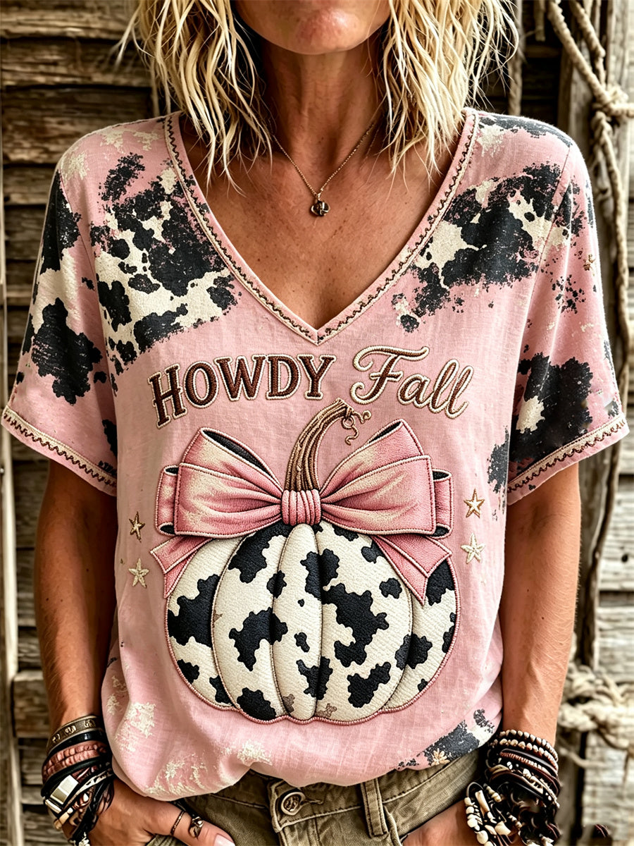 Damens Western Howdy Fall Pink Pumpkin Cowhide Skriv ut linne kortärmade T-shirta