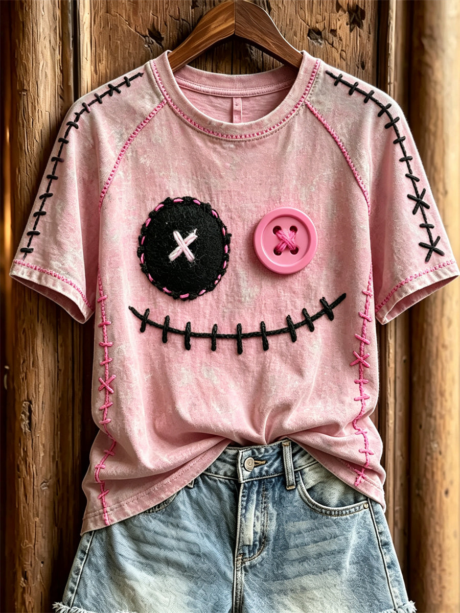 Damer söt monsteransikte rosa sömmar tryck kortärmad t-shirt