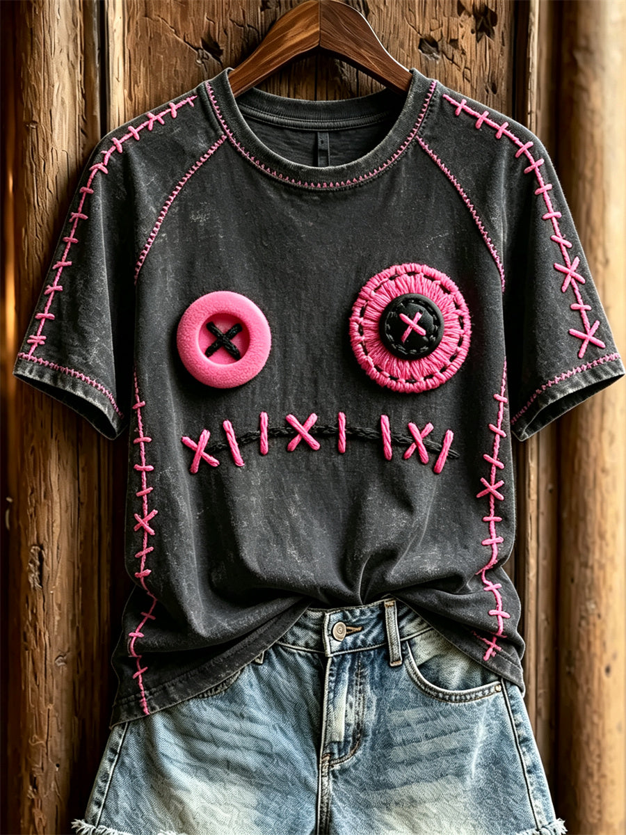 Damer söt monsteransikte rosa sömmar tryck kortärmad t-shirt